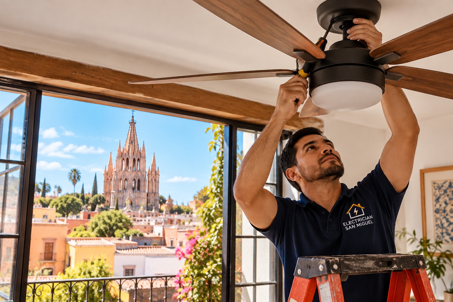 Electrician installing a ceiling fan in San Miguel de Allende, with the Parroquia visible in the background